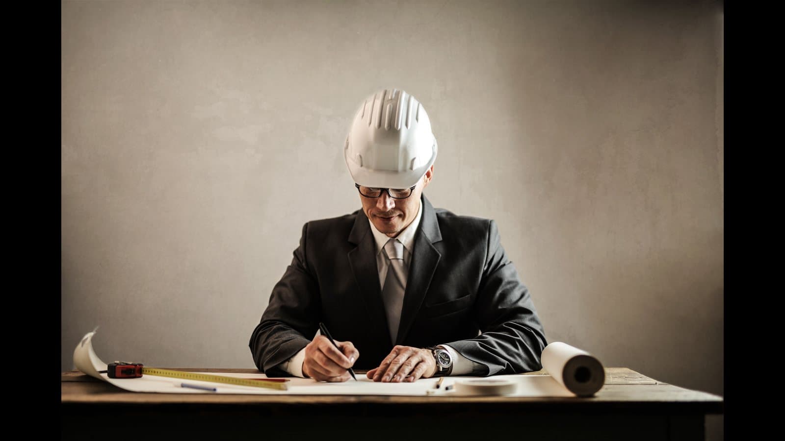 Architecte préparant une question écrite à partir de plans et de documents de consultation